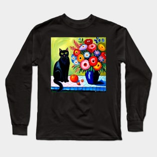 Black Cat and Floral Vase Modern Still Life Painting Long Sleeve T-Shirt